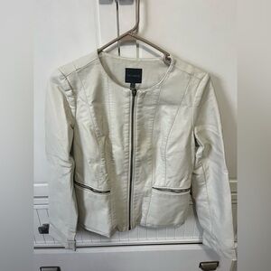 The Limited Cream Round-Neck Leather Zip Jacket